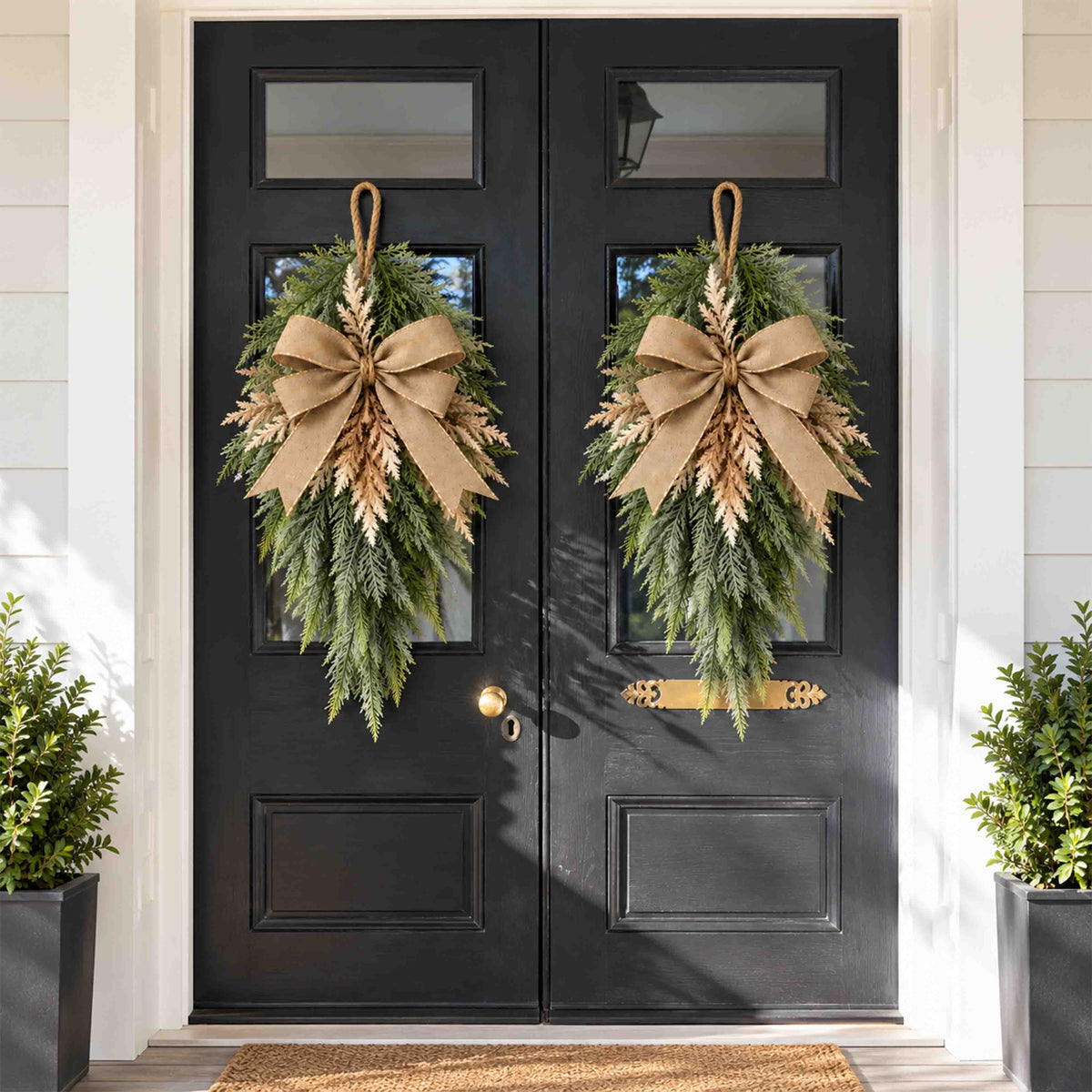 Frosted Cypress & Astilbe Door Swag – Handcrafted Faux Greenery Front Door Decor