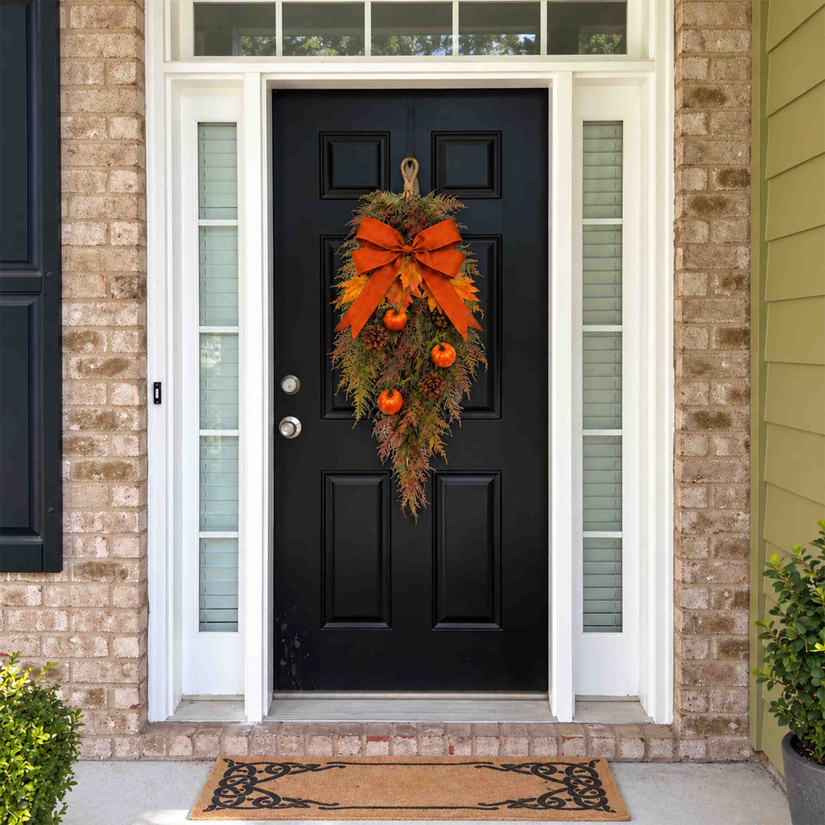 Frosted Autumn Greenery & Pumpkin Door Swag – Handcrafted Faux Fall Front Door Decor