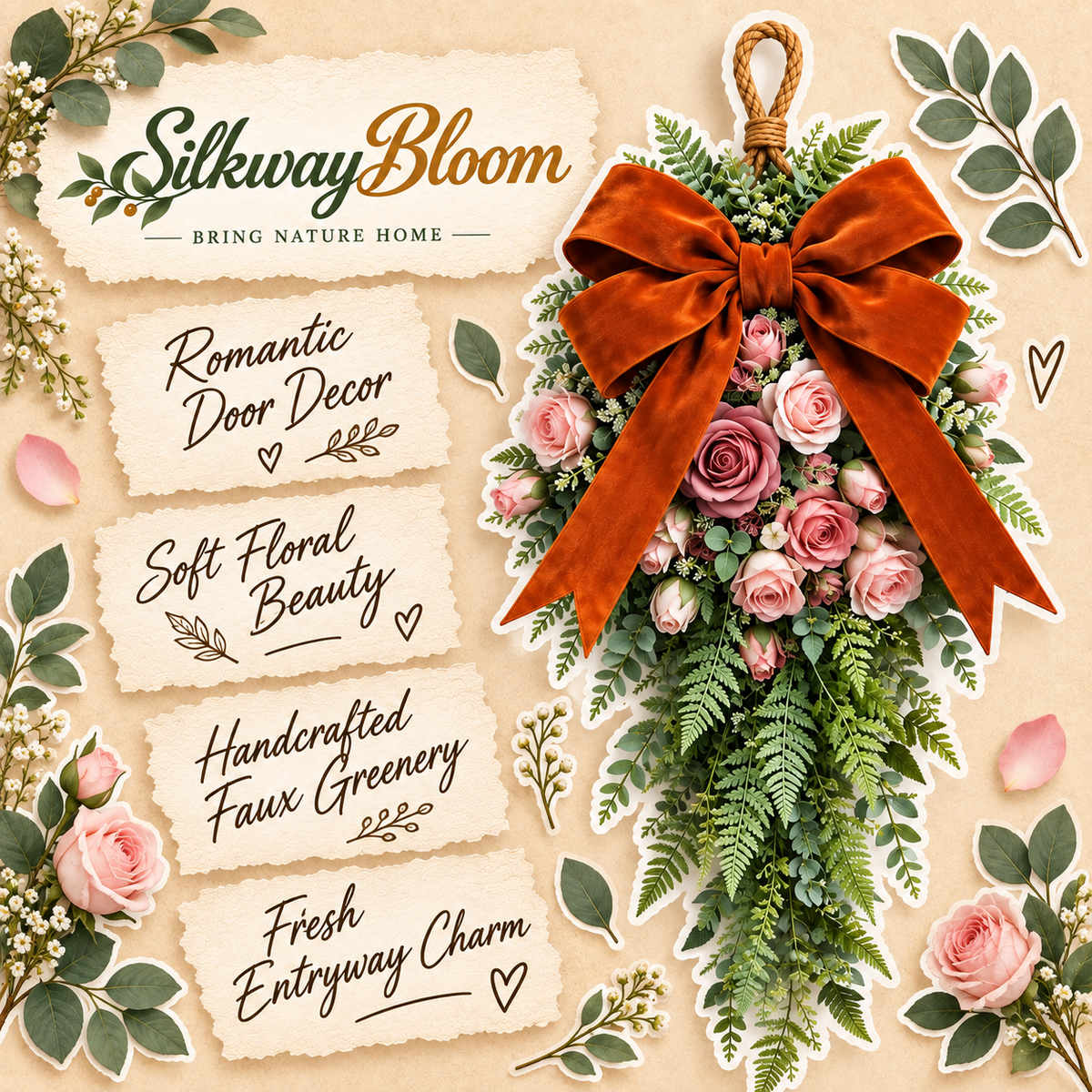 Pink Rose & Rust Orange Velvet Bow Door Swag  Handcrafted Faux Greenery Front Door Decor