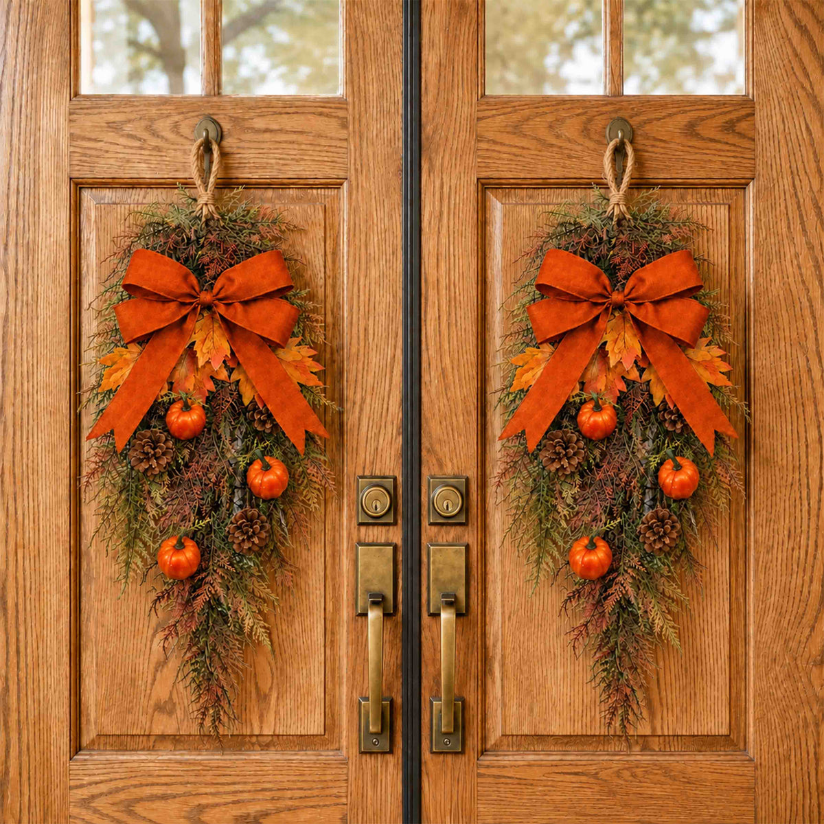 Frosted Autumn Greenery & Pumpkin Door Swag – Handcrafted Faux Fall Front Door Decor