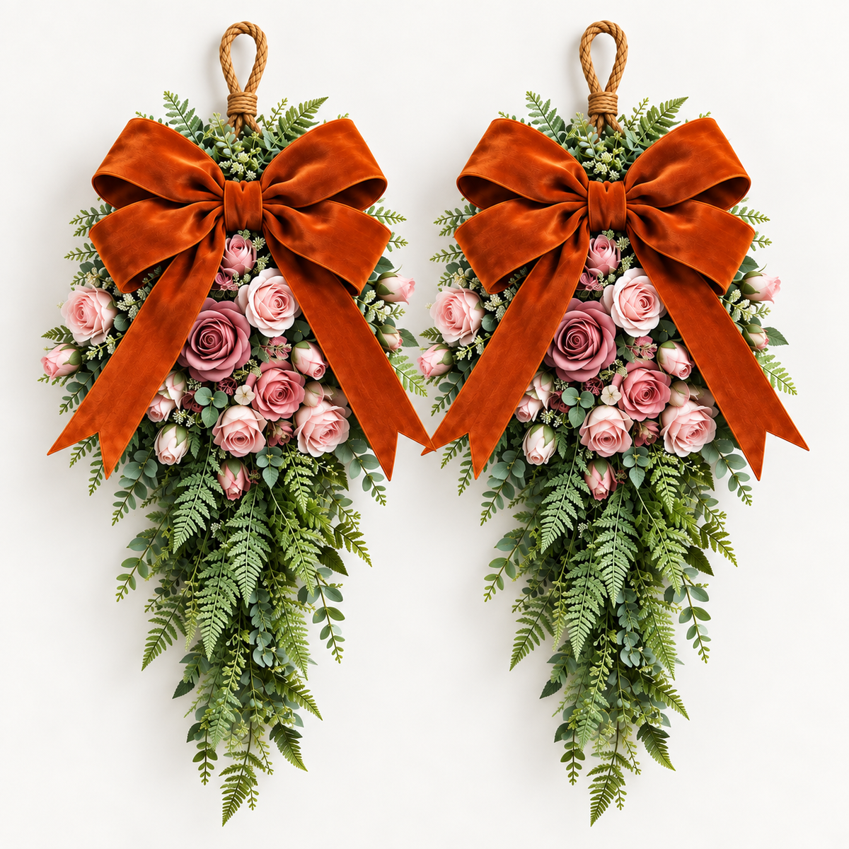 Pink Rose & Rust Orange Velvet Bow Door Swag  Handcrafted Faux Greenery Front Door Decor