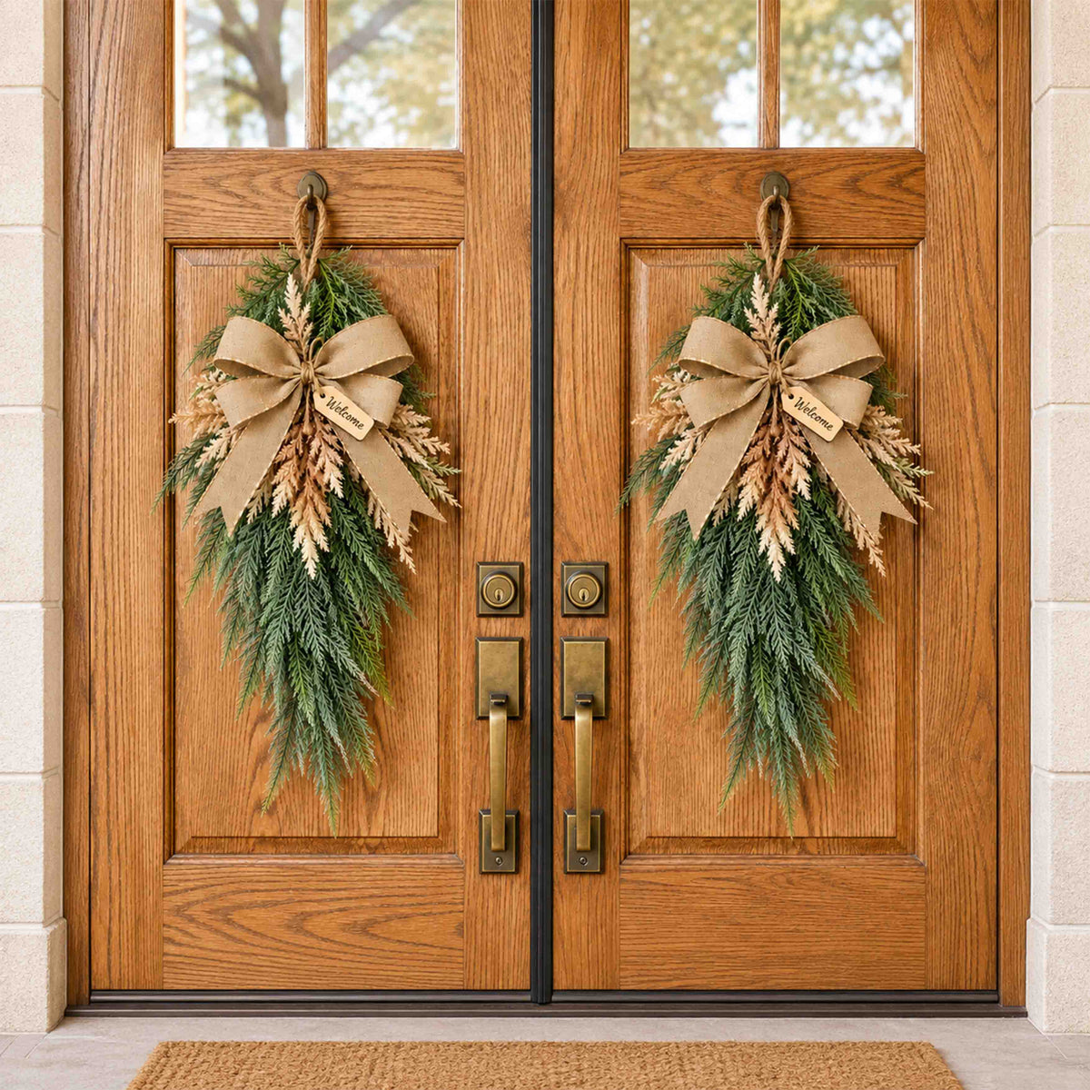 Frosted Cypress & Astilbe Door Swag – Handcrafted Faux Greenery Front Door Decor