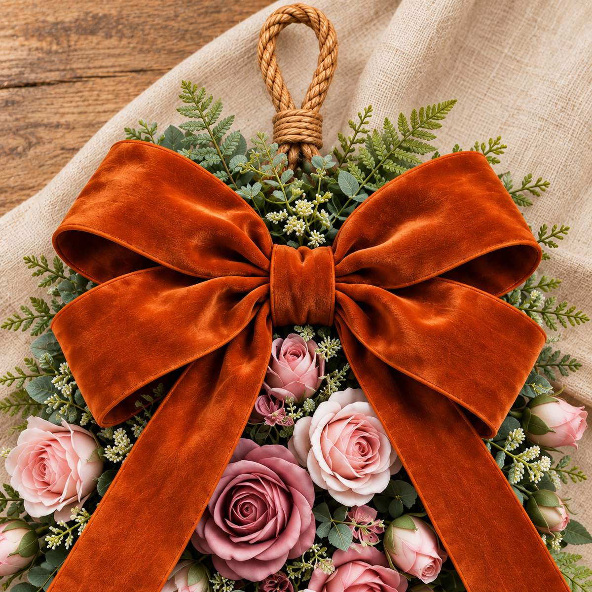 Pink Rose & Rust Orange Velvet Bow Door Swag  Handcrafted Faux Greenery Front Door Decor