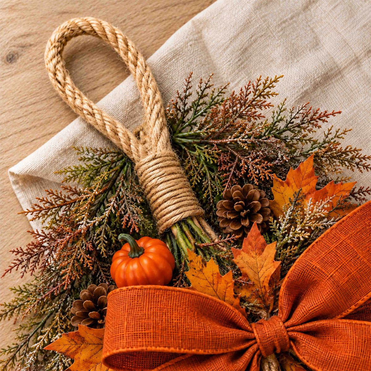 Frosted Autumn Greenery & Pumpkin Door Swag – Handcrafted Faux Fall Front Door Decor