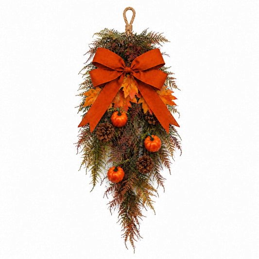 Frosted Autumn Greenery & Pumpkin Door Swag – Handcrafted Faux Fall Front Door Decor
