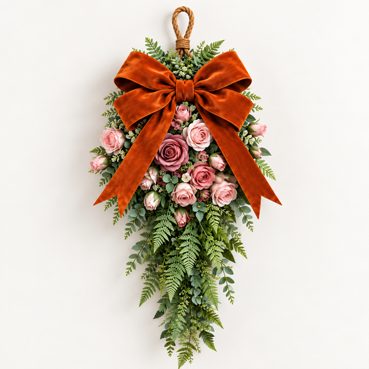 Pink Rose & Rust Orange Velvet Bow Door Swag  Handcrafted Faux Greenery Front Door Decor