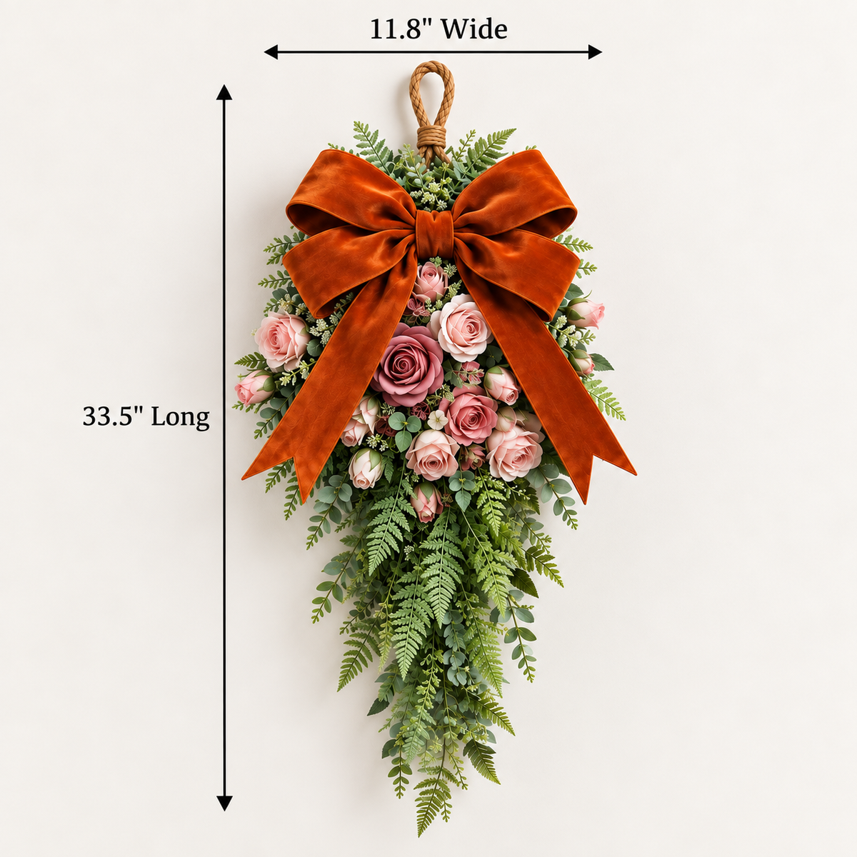 Pink Rose & Rust Orange Velvet Bow Door Swag  Handcrafted Faux Greenery Front Door Decor