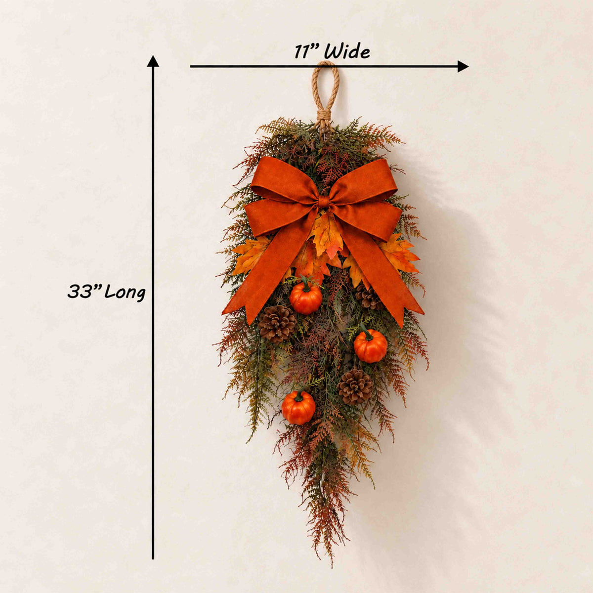 Frosted Autumn Greenery & Pumpkin Door Swag – Handcrafted Faux Fall Front Door Decor