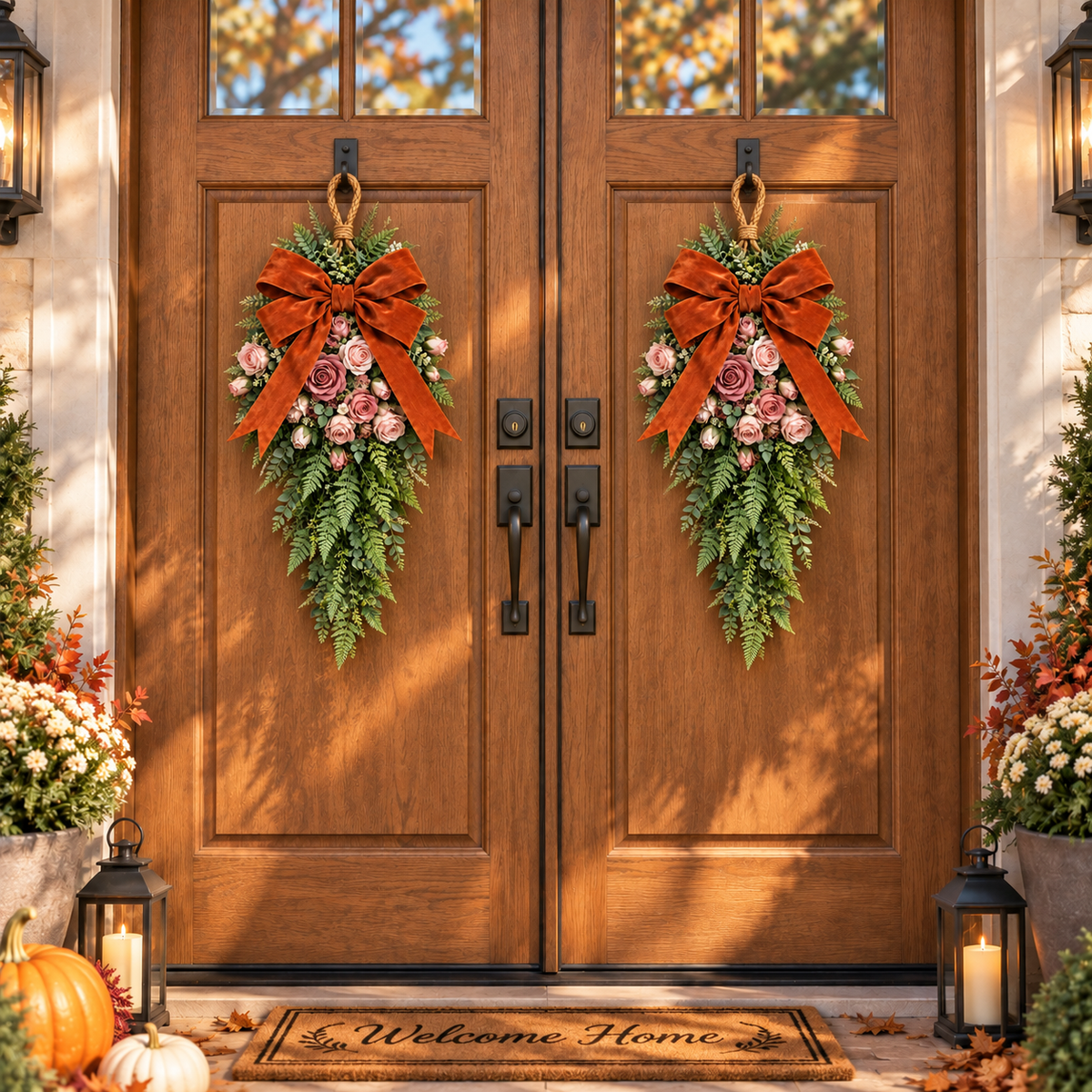 Pink Rose & Rust Orange Velvet Bow Door Swag  Handcrafted Faux Greenery Front Door Decor