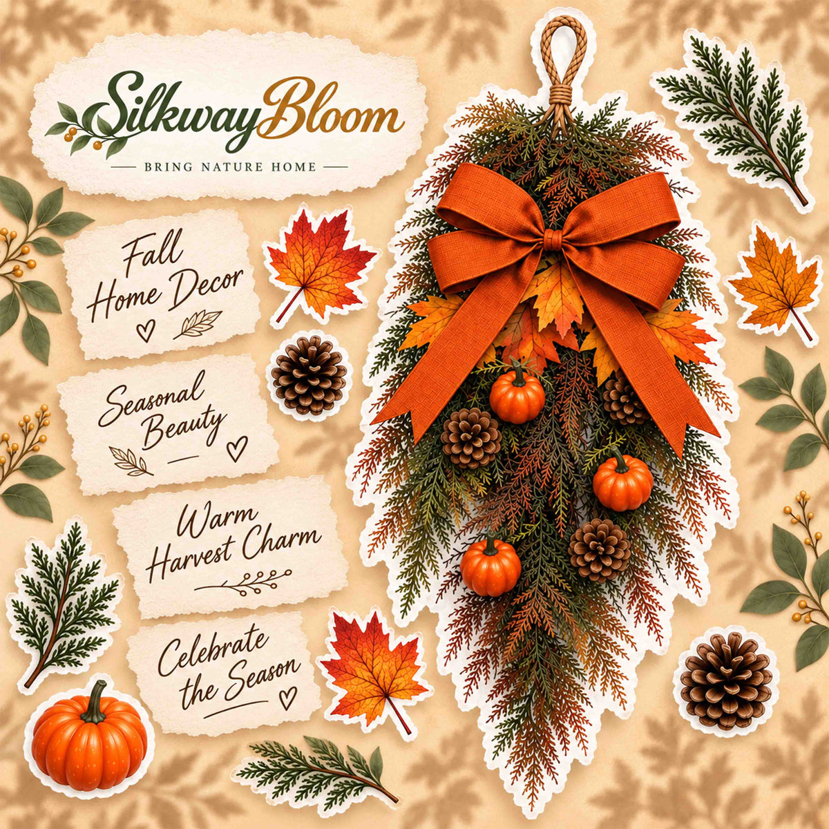 Frosted Autumn Greenery & Pumpkin Door Swag – Handcrafted Faux Fall Front Door Decor