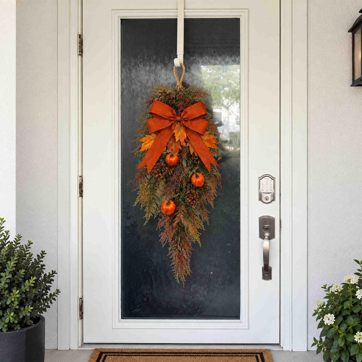 Frosted Autumn Greenery & Pumpkin Door Swag – Handcrafted Faux Fall Front Door Decor