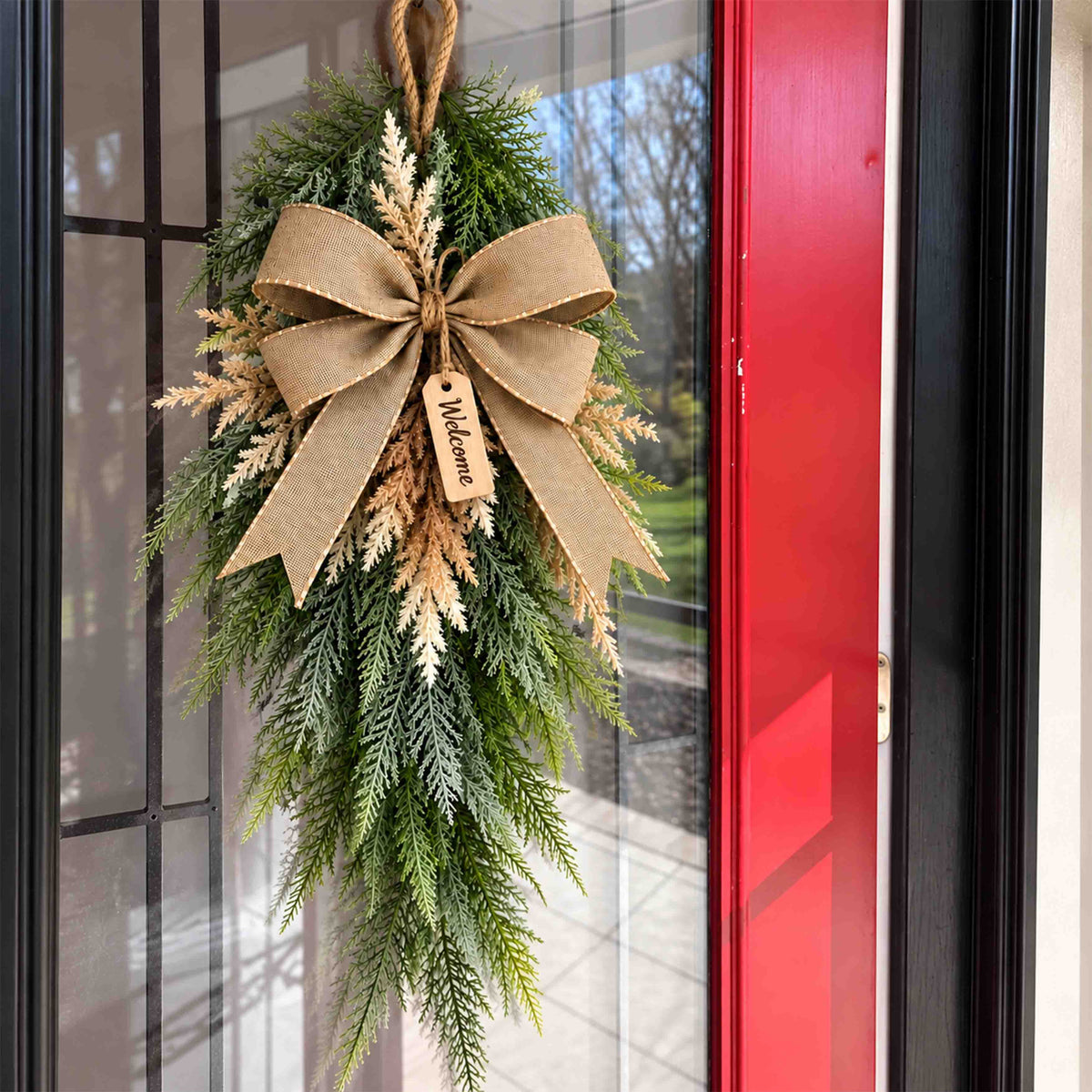 Frosted Cypress & Astilbe Door Swag – Handcrafted Faux Greenery Front Door Decor