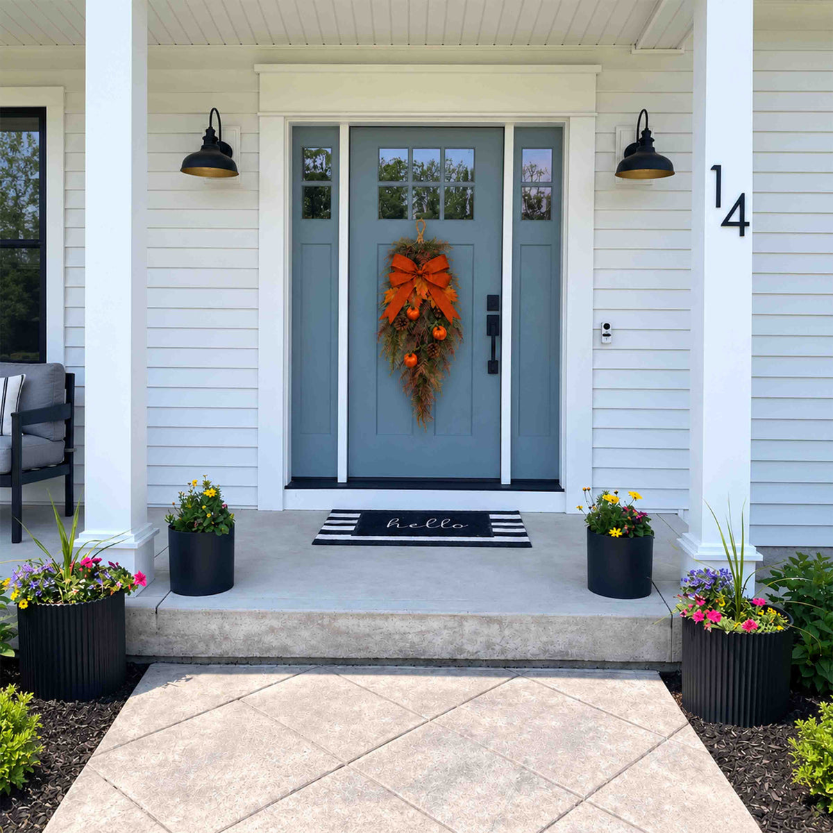 Frosted Autumn Greenery & Pumpkin Door Swag – Handcrafted Faux Fall Front Door Decor